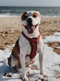 a white and brown dog sitting on the beach