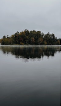 a small island in the middle of a lake on a foggy day